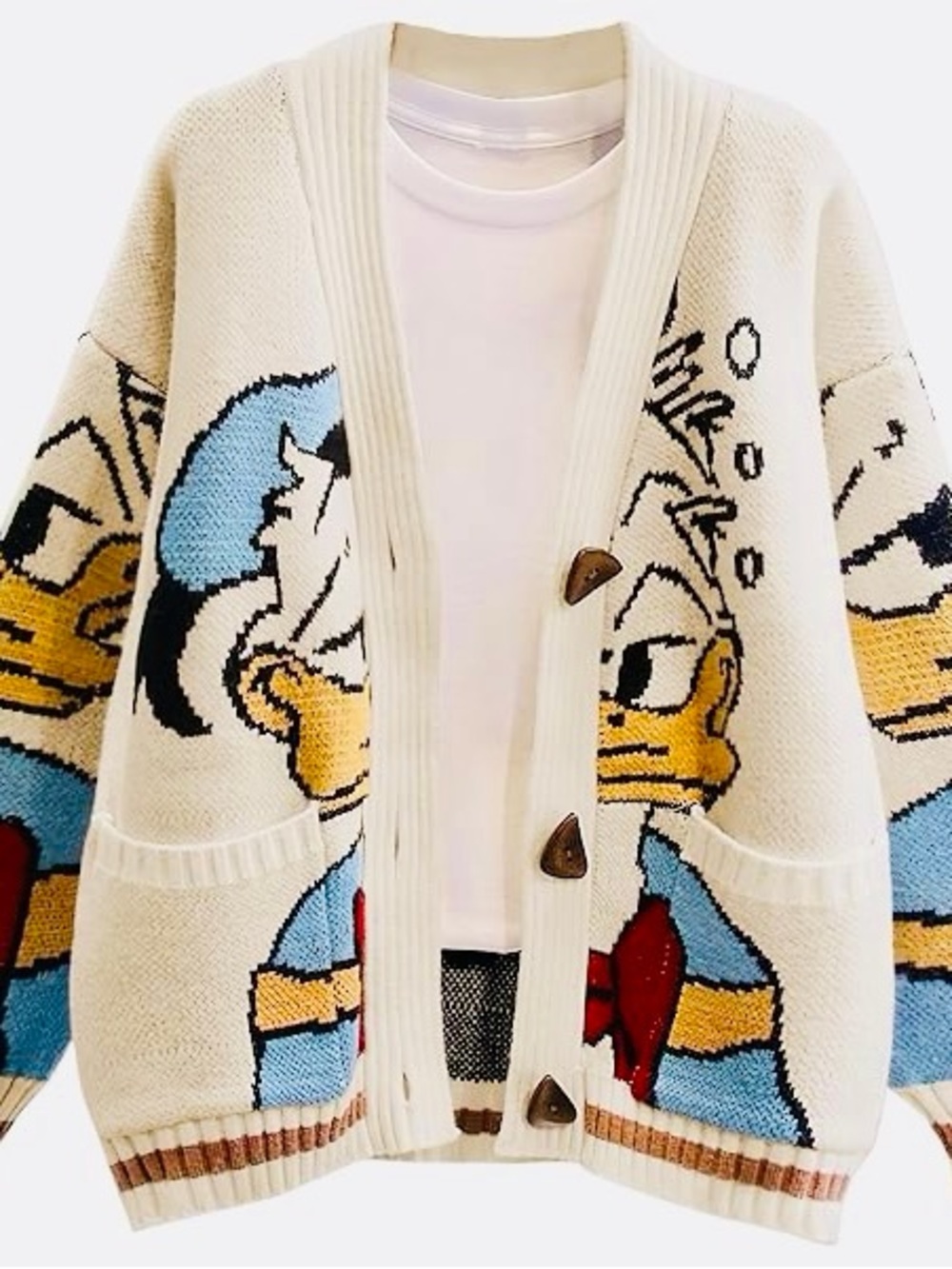 Cream Cartoon Knit Cardigan Sweater with Blue & Brown Accents